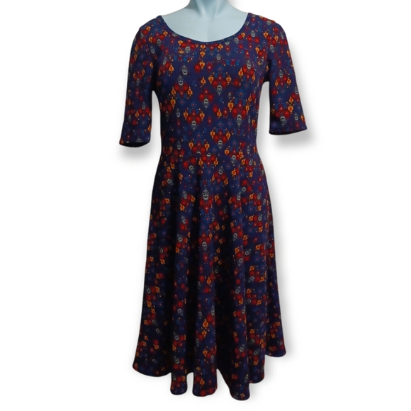 LuLaRoe Nicole Navy Design Print Dress Red Aqua Turquoise Yellow Size Large - Picture 4 of 6